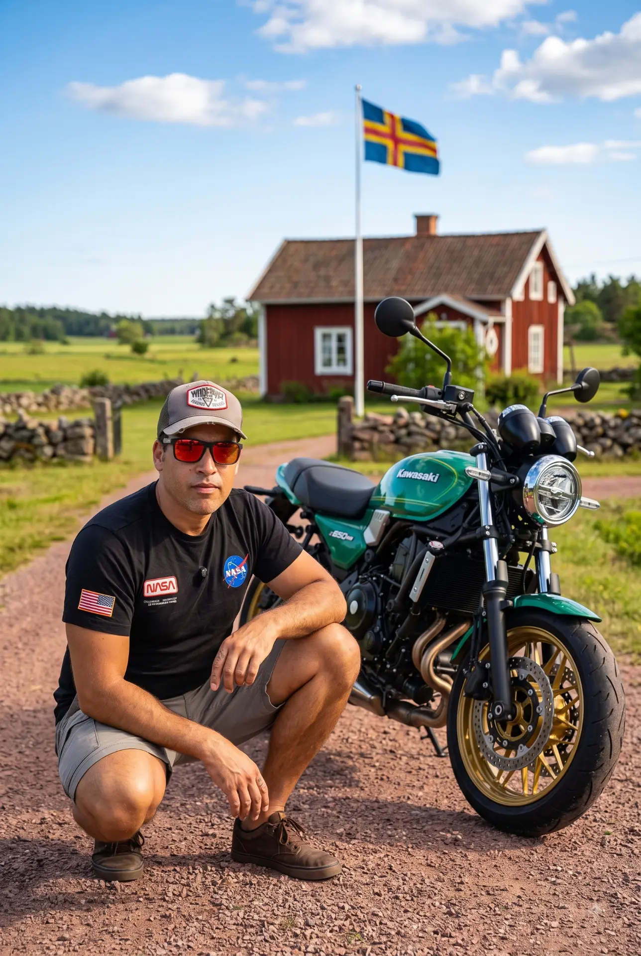Fredrik Wiklund med sin gröna Kawasaki Z650RS framför ett rött torp och Ålandsflaggan