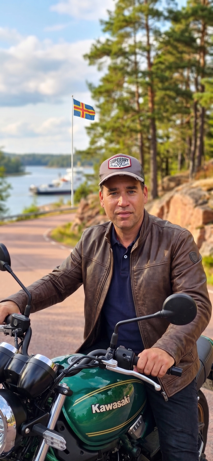Fredrik Wiklund på sin gröna Kawasaki Z650RS med Ålandsflaggan i bakgrunden